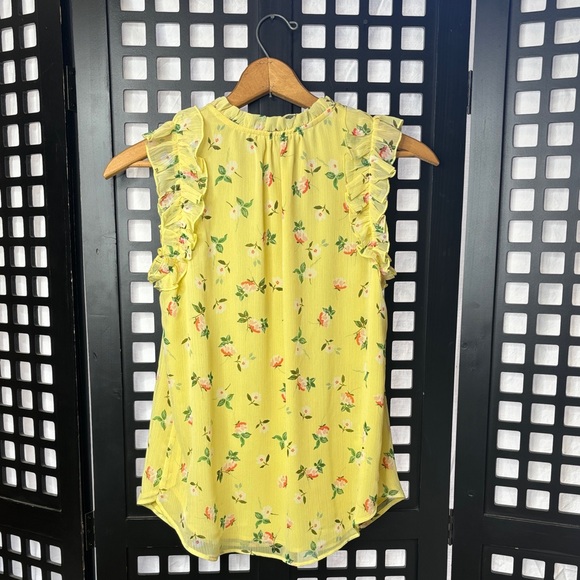 💛 LOFT Yellow Floral Ruffle Sleeveless Lined Top Women Small Flowy 💛 - Picture 7 of 15